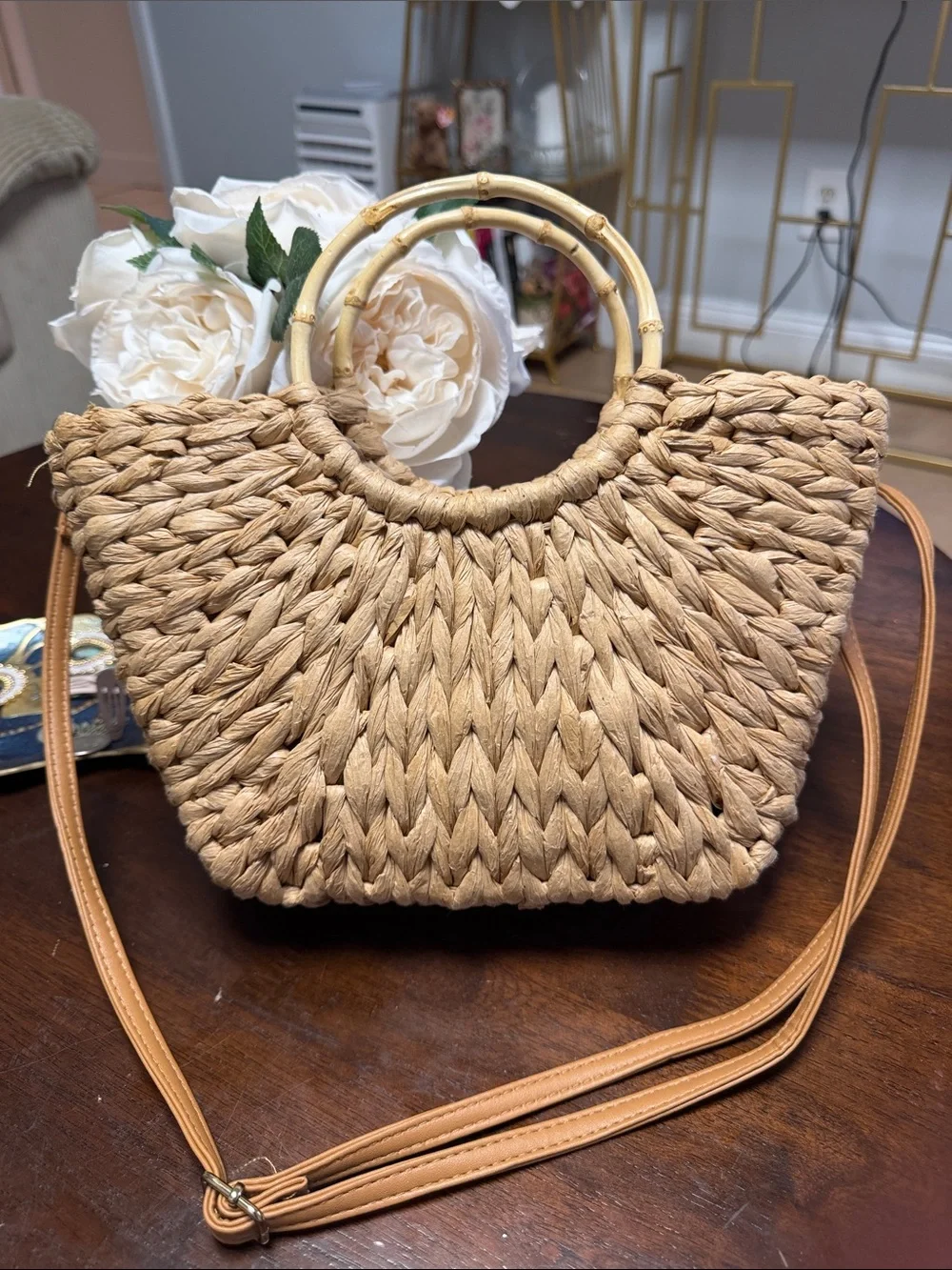 Woven Straw Handbag with Bamboo Handles - Natural